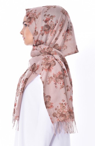 Flower Patterned Pashmina Shawl 19041-12 Mink Khaki 19041-12