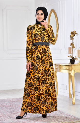 Large Size Brooch Velvet Dress 2135-02 Mustard 2135-02