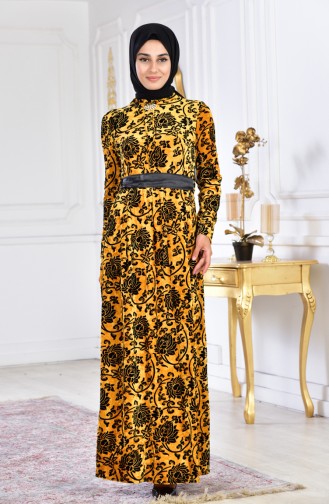 Large Size Brooch Velvet Dress 2135-02 Mustard 2135-02