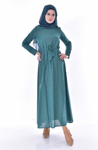 Kuşaklı Elbise 5005-01 Koyu Yeşil
