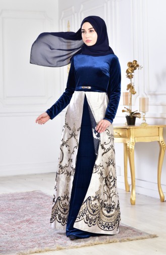 Belted Velvet Evening Dress 3014-01 Navy Blue 3014-01