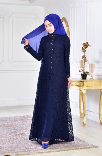 Navy Blue İslamitische Avondjurk 1165-03