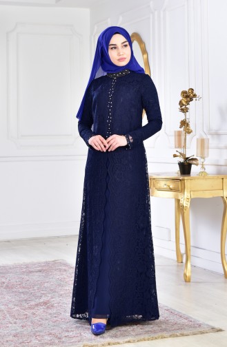 Navy Blue Hijab Evening Dress 1165-03