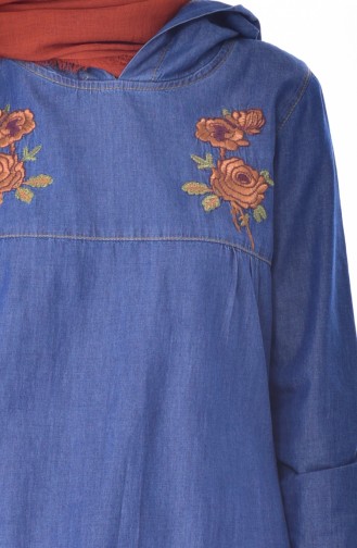 فستان جينز بتفاصيل مطرزة موصول بقبعة 9203-01 لون كحلي 9203-01