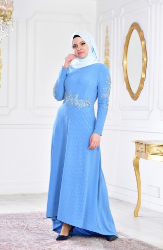 Robe de Soirée Perlées 6100A-01 Bleu 6100A-01