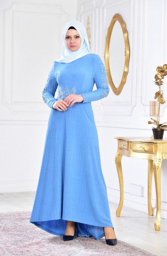 Robe de Soirée Perlées 6100A-01 Bleu 6100A-01