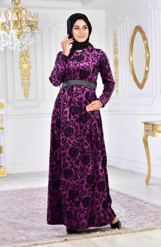 Large Size Brooch Velvet Dress 2135-04 Purple 2135-04