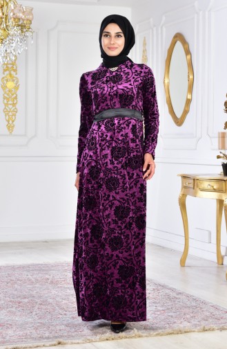 Large Size Brooch Velvet Dress 2135-04 Purple 2135-04