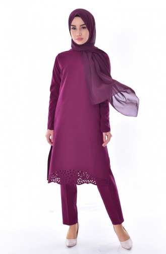 Laser Cut Tunic Trousers Double Suit 6136-01 Plum 6136-01