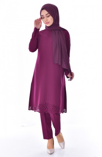 Ensemble Deux Pieces Tunique Pantalon Coupe Laser 6136-01 Plum 6136-01