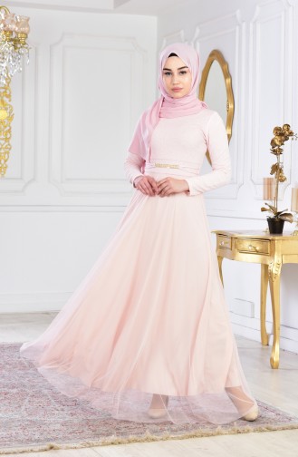 Powder Hijab Evening Dress 2539-03