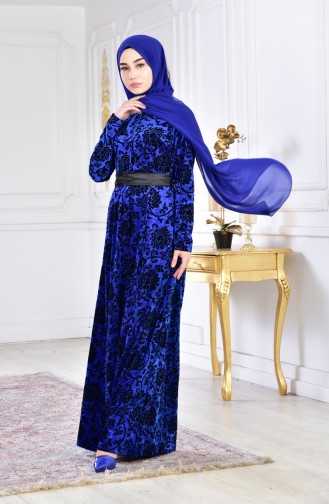 Robe Velours avec Broche Grande Taille 2135-03 Bleu Roi 2135-03