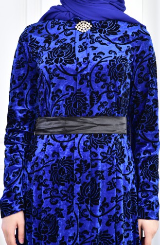Robe Velours avec Broche Grande Taille 2135-03 Bleu Roi 2135-03