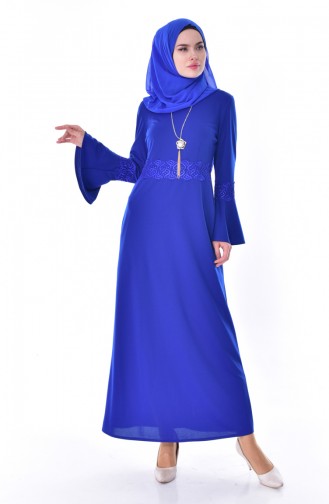 فستان مُزين بتفاصيل من الدانتيل 3529-03 لون أزرق 3529-03