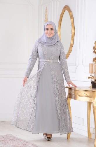 Gray Hijab Evening Dress 1273-02