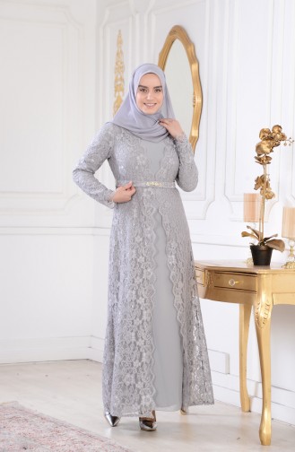 Gray Hijab Evening Dress 1273-02