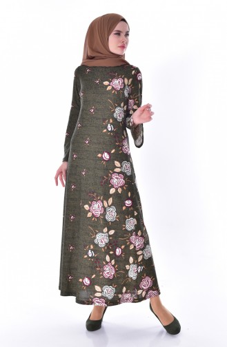 دلبر فستان ببتصميم مُطبع 7047-01 لون اخضر كاكي 7047-01