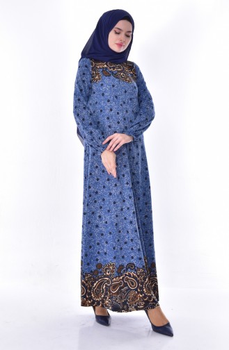 Otantik Desen Elbise 7052-01 Mavi