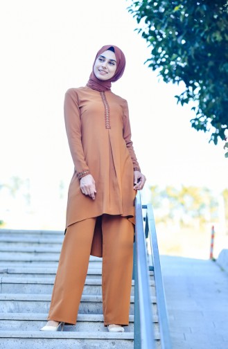 Eyelet Detailed Tunic Trousers Double Suit 1005-06 Taba 1005-06