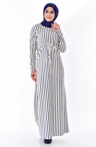 Striped Dress 2028-01 Ecru Navy Blue 2028-01
