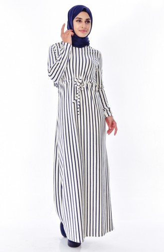 Striped Dress 2028-01 Ecru Navy Blue 2028-01
