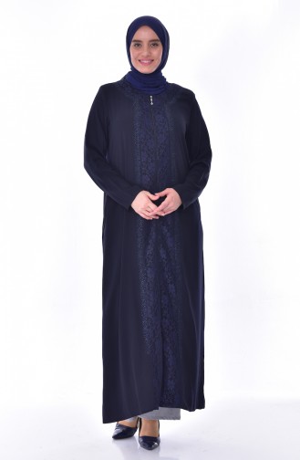 Abaya Imprimé de Pierre Grande Taille 2517-04 Bleu Marine 2517-04