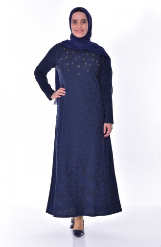 Large Size Stone Printed Dress 4889-03 Navy Blue 4889-03