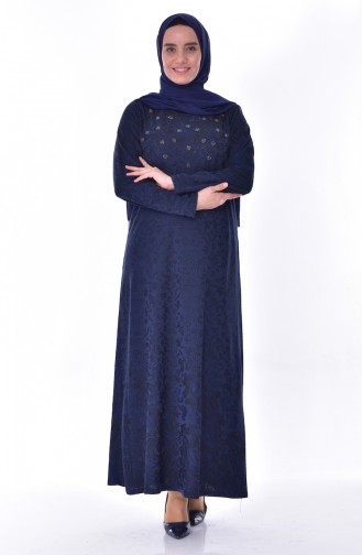 Large Size Stone Printed Dress 4889-03 Navy Blue 4889-03