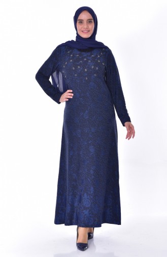 Large Size Stone Printed Dress 4889A-03 Navy Blue 4889A-03