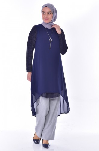 Large Size Necklace Asymmetric Tunic 4232-02 Navy 4232-02