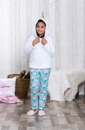 Kapşonlu Unicorn Çocuk Pijama Takımı MLB3005-01 Beyaz