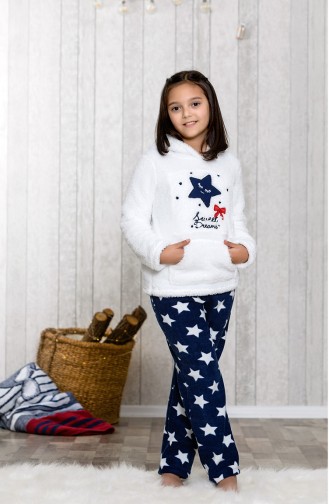 Kapşonlu Çocuk Pijama Takımı MLB3034-01 Beyaz Lacivert 3034-01