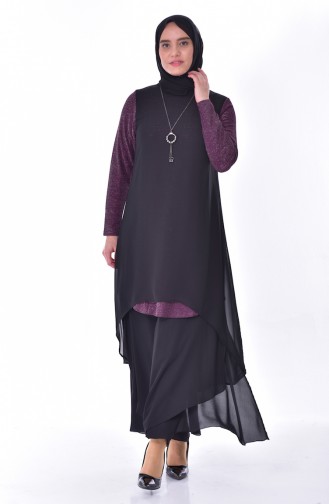 Large Size Necklace Asymmetric Tunic 4232-01 Black Purple 4232-01