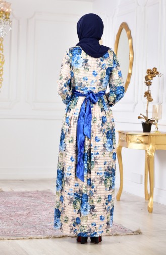 Floral Patterned Velvet Dress 2137-01 Beige 2137-01