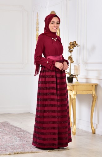 Kolyeli Simli Elbise 2150-02 Bordo