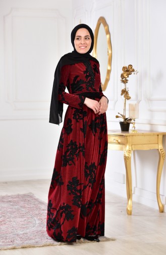 Stone Printed Velvet Dress 2169-05 Bordeaux 2169-05