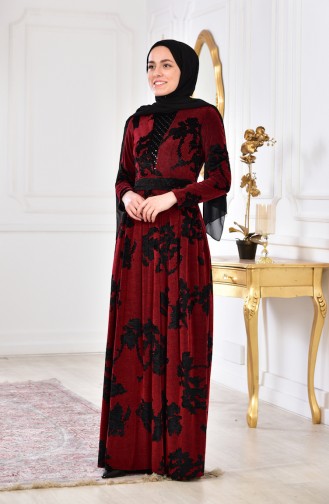 Stone Printed Velvet Dress 2169-05 Bordeaux 2169-05