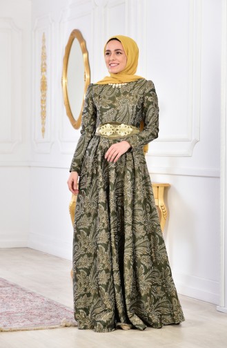 فستان بتصميم مُطبع 2449-02 لون اخضر كاكي 2449-02