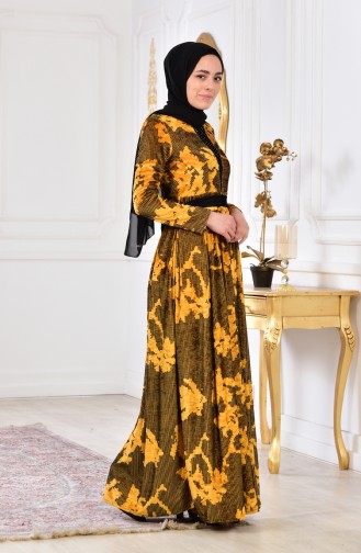 Stone Printed Velvet Dress 2169-01 Mustard 2169-01