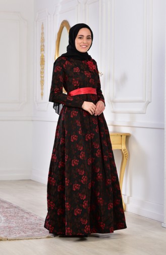 Flower Appliqued Evening Dress 2504-05 Black Red 2504-05