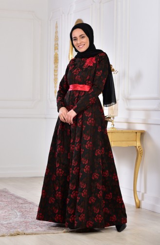 Robe de Soirée Fleurs Appliquer 2504-05 Noir Rouge 2504-05