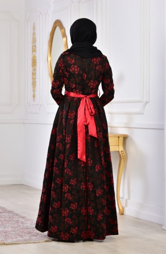 Flower Appliqued Evening Dress 2504-05 Black Red 2504-05