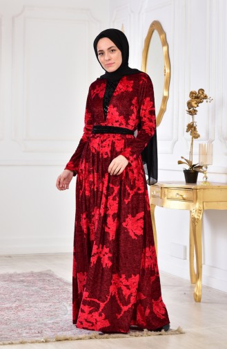 فستان مخمل بتصميم مُطبع بأحجار لامعة 2169-02 لون احمر 2169-02