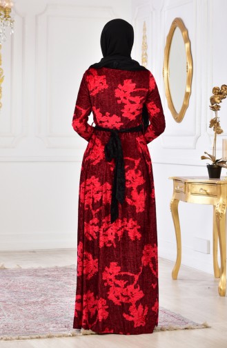 فستان مخمل بتصميم مُطبع بأحجار لامعة 2169-02 لون احمر 2169-02