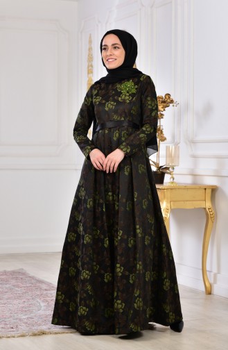فستان سهرة بتصميم مُزين بالورد 2504-01 لون اخضر كاكي داكن 2504-01
