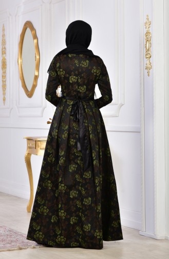 فستان سهرة بتصميم مُزين بالورد 2504-01 لون اخضر كاكي داكن 2504-01