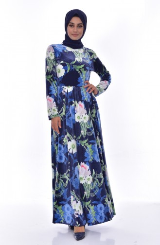 Patterned Velvet Dress 6461-01 Navy Blue 6461-01