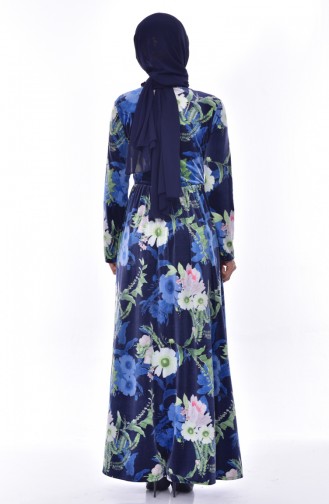 Patterned Velvet Dress 6461-01 Navy Blue 6461-01