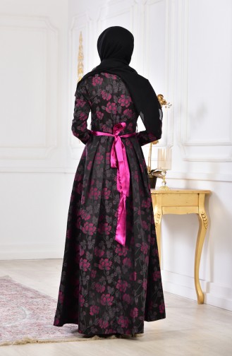 فستان سهرة بتصميم مُزين بالورد 2504-02 لون اسود مائل للرمادي وبنفسجي 2504-02