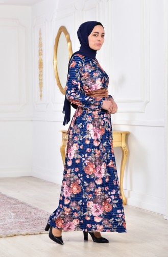 Robe Velours a Motifs 2137-04 Bleu Roi Rose Pâle 2137-04